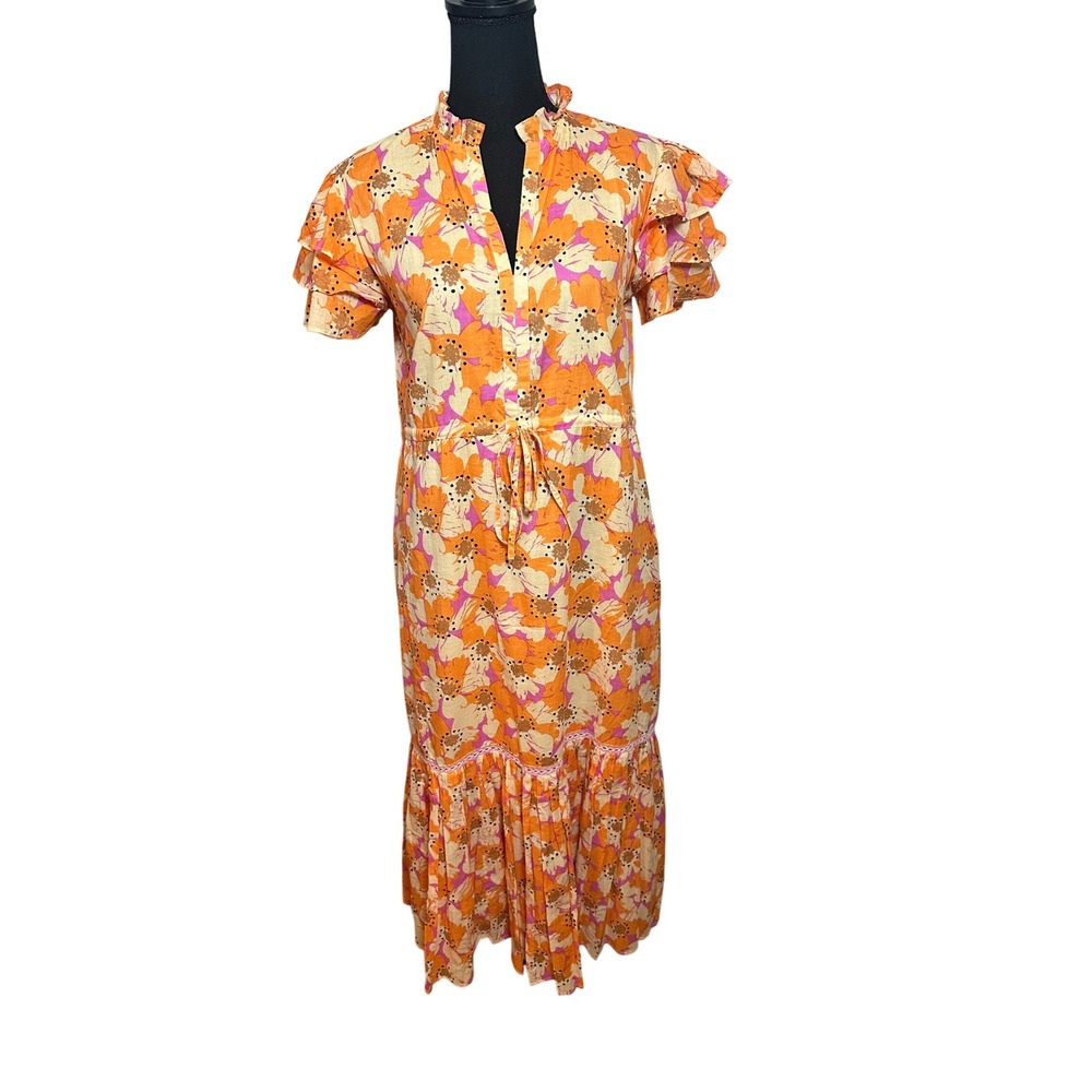 Olivia James The Label Orange Floral Cotton Midi Dress Tiered Flutter Sleeve S